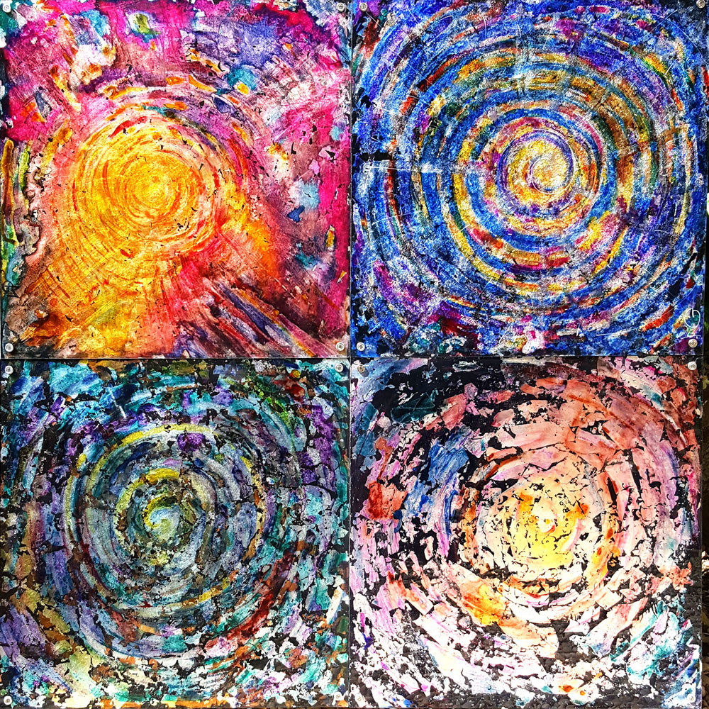 QUINTESSENZA (Spirals of life - Inside the cosmic energy) - Tecnica mista personale su plexiglass - 100x100 - 2017 . Esposto alla Mostra Arcaico e Presente a L'Aquila - Palazzetto dei Nobili dell'Aquila. Esposto alla Mostra Arcaico e Presente a Roma - Galleria GARD