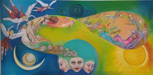 SUNRISE OF THE PLANETARY DREAM (in lavorazione) - olio su tela 120x60 - 2018. Esposto alla Mostra Arcaico e Presente a Sutri - Palazzo del Drago