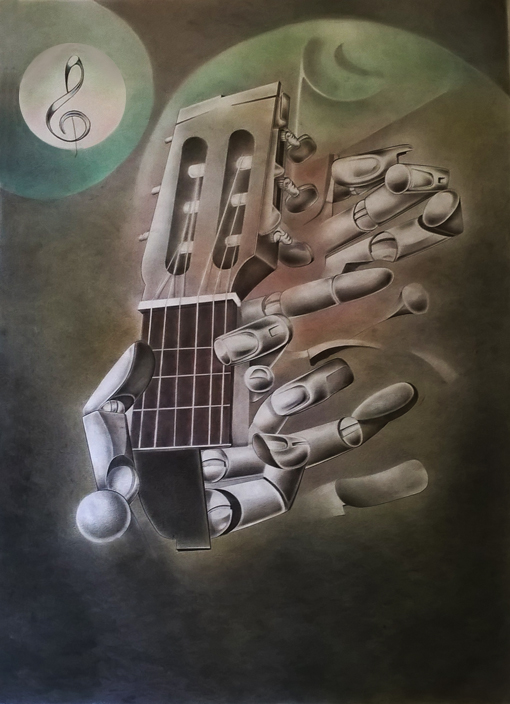 MANO CON TASTIERA - Matite su carta - 70x100 - Esposto alla Mostra Arcaico e Presente a Sutri - Palazzo del Drago