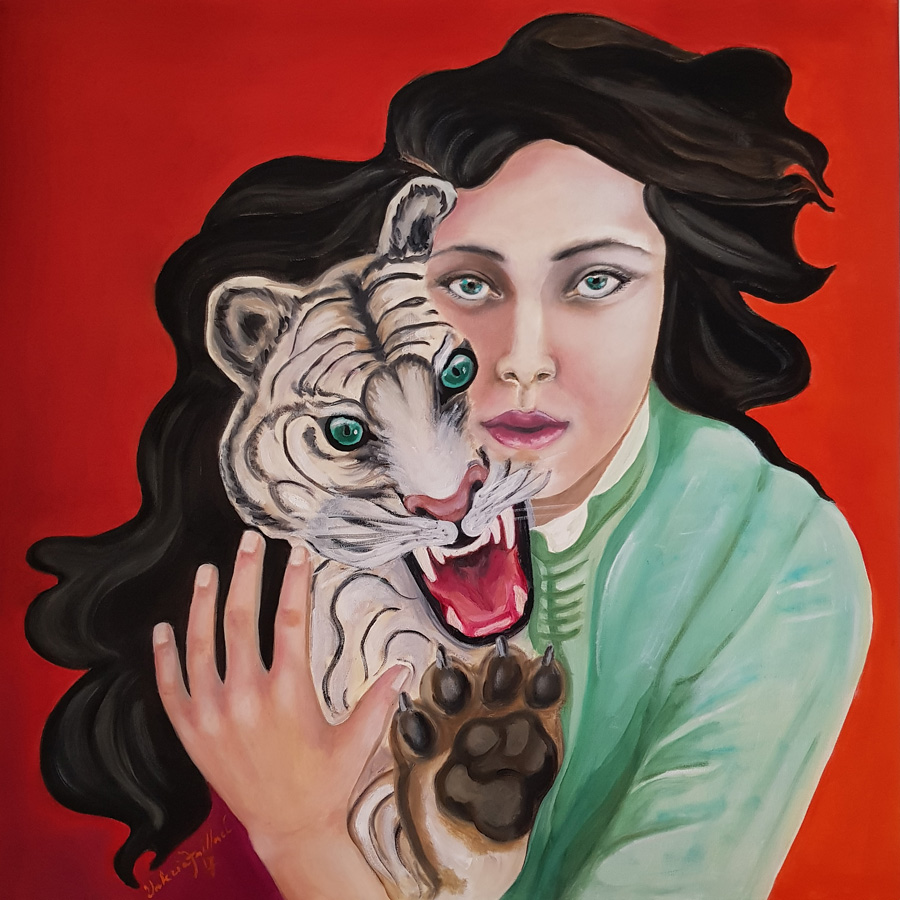 IO E LA TIGRE - olio su tela 60x60 - 2017. Esposto alla Mostra Arcaico e Presente a Roma - Galleria GARD.