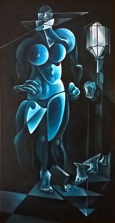 DONNA CON LAMPIONE AD OLIO - olio su tela 50x100 - 2018. Esposto alla Mostra Arcaico e Presente a Roma - Galleria GARD