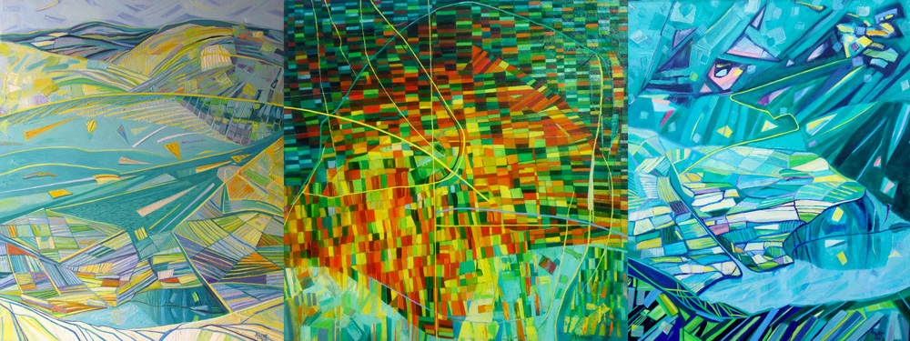 L'ENIGMA DELLA TERRA - trittico olio su tela 50x180. Esposto nello Spazio Q’4RT dell’Hotel Oxford a Roma